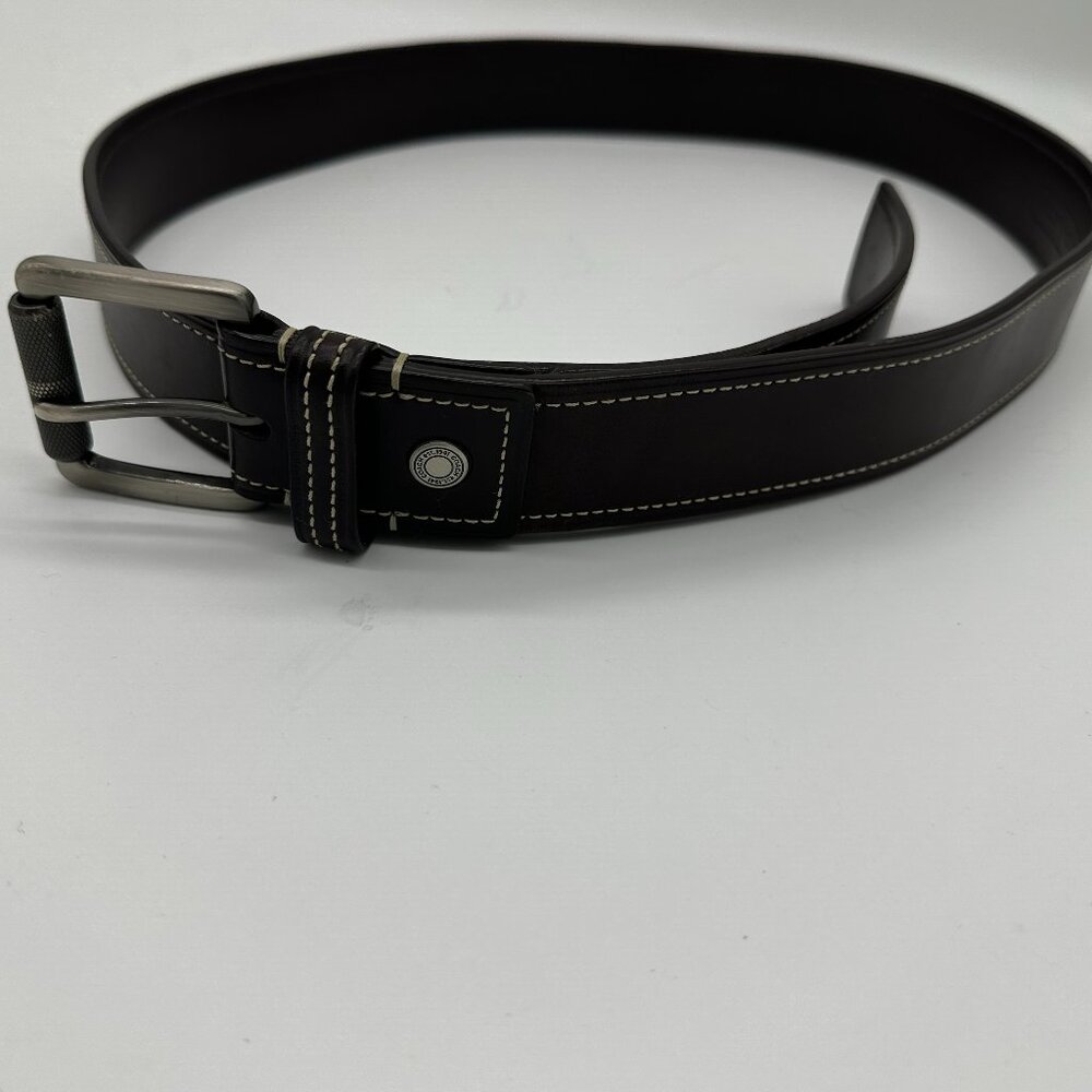 Coach dark brown leather suede with white stitching belt, 36"